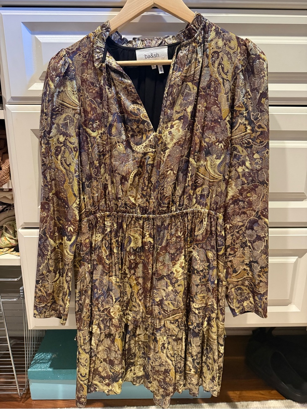 ba&sh Gold tones metallic Paisley Long Sleeve Dress perfect NYE or holidays